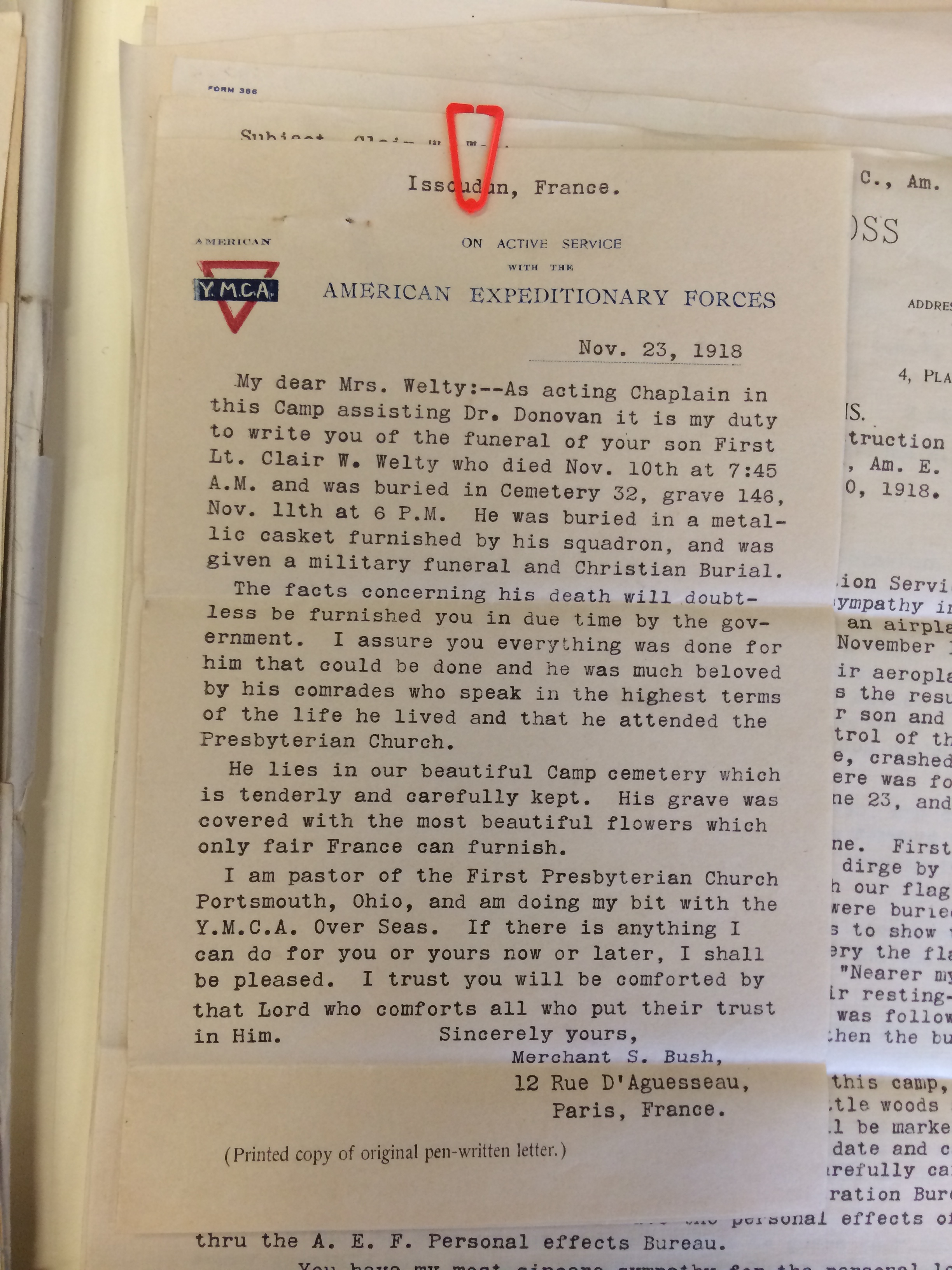 Letter from Rev. Merchant S. Bush to Mrs. A. J. Welty, 23 Nov. 1918 (from MS-196).