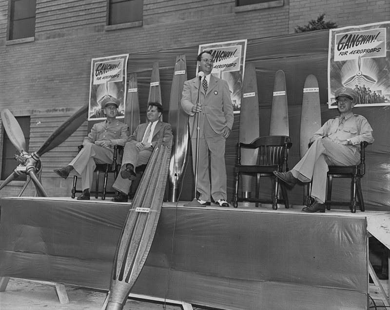 W. J. Blanchard (center) speaking to a crowd outside Aeroproducts, undated  (Photo by GM Aeroproducts, MS-305, Box 3a, Folder 9)