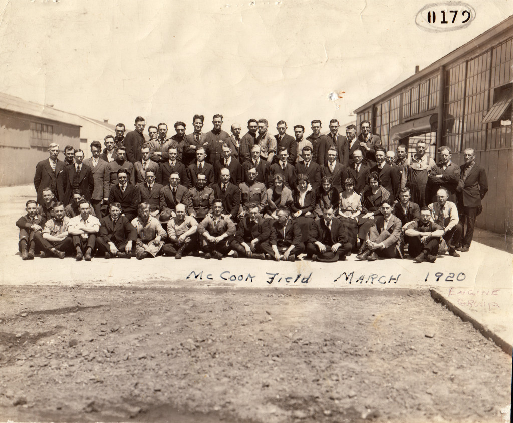 McCook Field, Engine Lab Personnel, 1919 or 1920. Major Hallett chief. Rose is crouched in second row on far right in white shirt and tie. (ms178_B1F2)