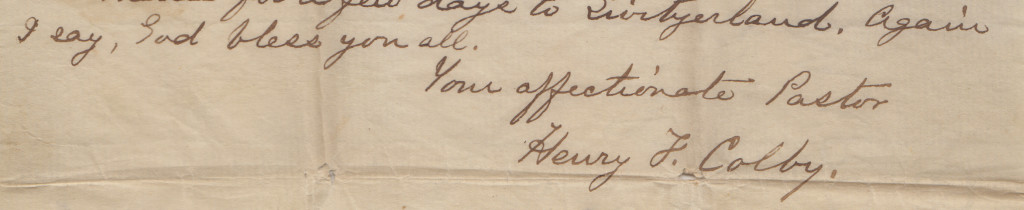 Signature of Henry F. Colby on a letter to his congregation in Dayton, 24 Aug. 1879, from MS-81, Box 6, Folder 6.