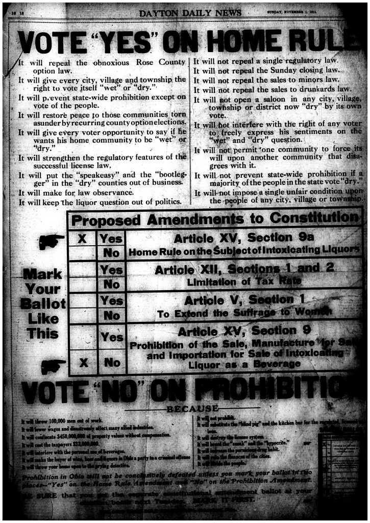 Political Ad: Vote Yes on Home Rule, Vote No on Prohibition. Dayton Daily News, Nov. 1, 1914.