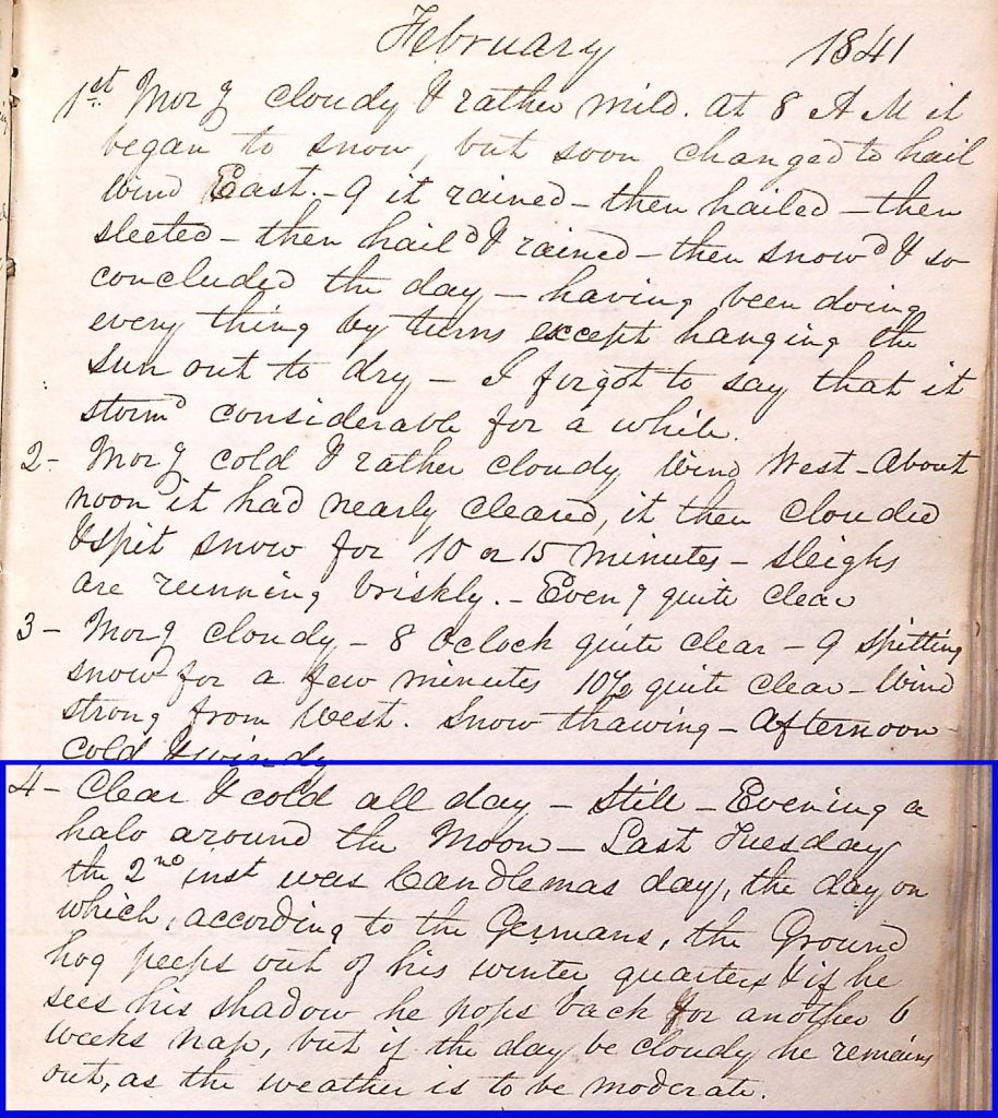 James Morris diary entry for Feb. 4, 1841. Courtesy of The Berks History Center, Reading PA, item location T 83, Vol. 1.