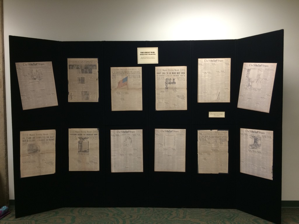 Reproduced newspaper headlines from World War I, Dunbar Library 4th floor, March 2015