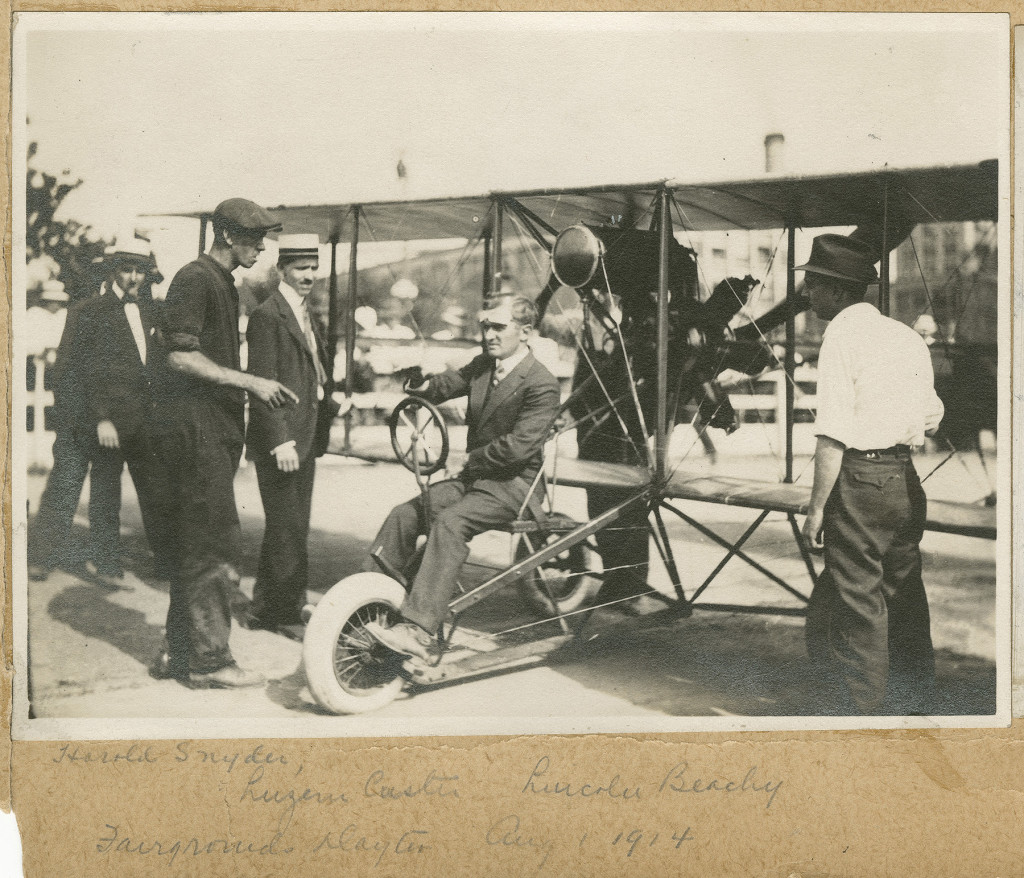 Harold Snyder, Luzern Custer, & Lincoln Beachey at the Dayton Fairgrounds, August 1, 1914. From the Ivonette Wright Miller Papers, photo # MS216_08_01_01d.