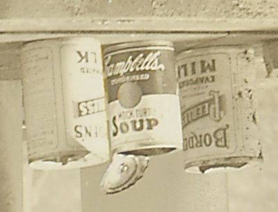 Close-up of soup cans, upside down