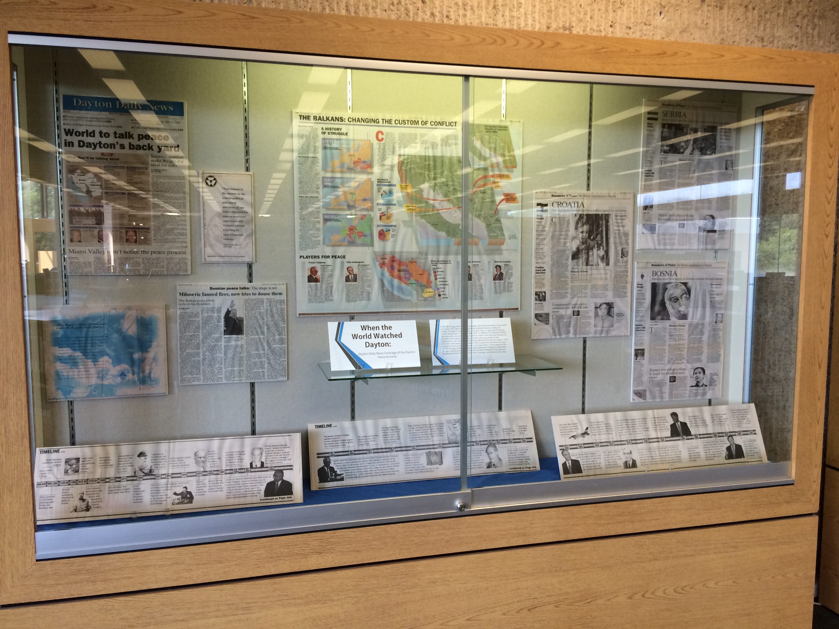 Dayton Peace Accords exhibit "When the World Watched Dayton" (1 of 2 panels on the second floor of Dunbar Library), August 2015.