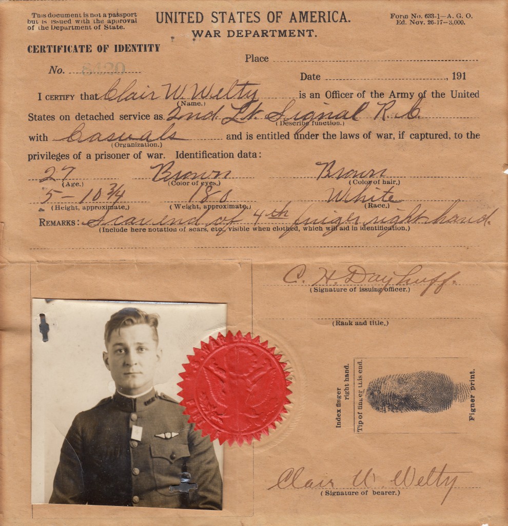 Clair W. Welty military identification certificate, World War I (MS-196, Box 1, File 8)