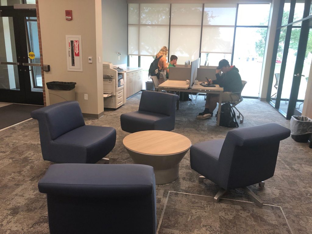 Photo of public work stations and printing/scanning station at Lake Campus Library and Technology Center