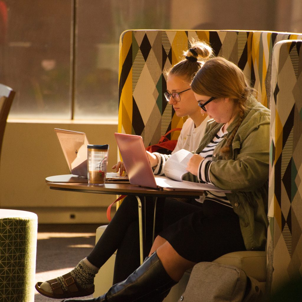 Two library users study in the 2nd floor atrium near the windows.