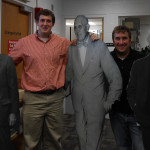 Exhibit creators, Jordan Countryman and Adam Becker, with life-size cutouts of Edward Deeds, Charles Kettering, and Orville Wright