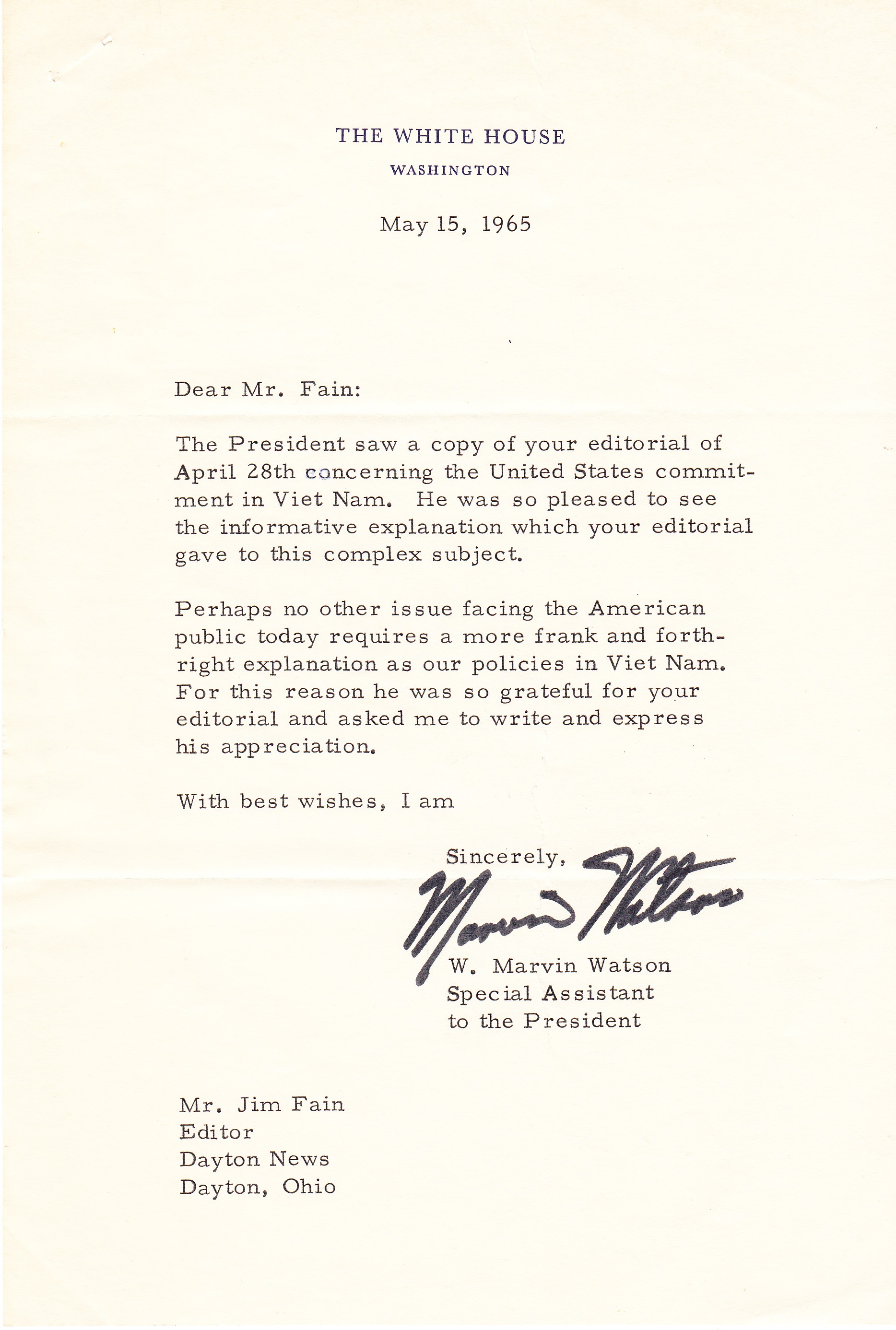 Letter from President Johnson's Special Asst. to the President. 