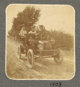 Orville Wright (driving), Katharine Wright, and Harriet Silliman in the "St. Louis" automobile purchased by Charles Webbert through the Wright Cycle Company, 1903. (photo ms1_28_7_5)