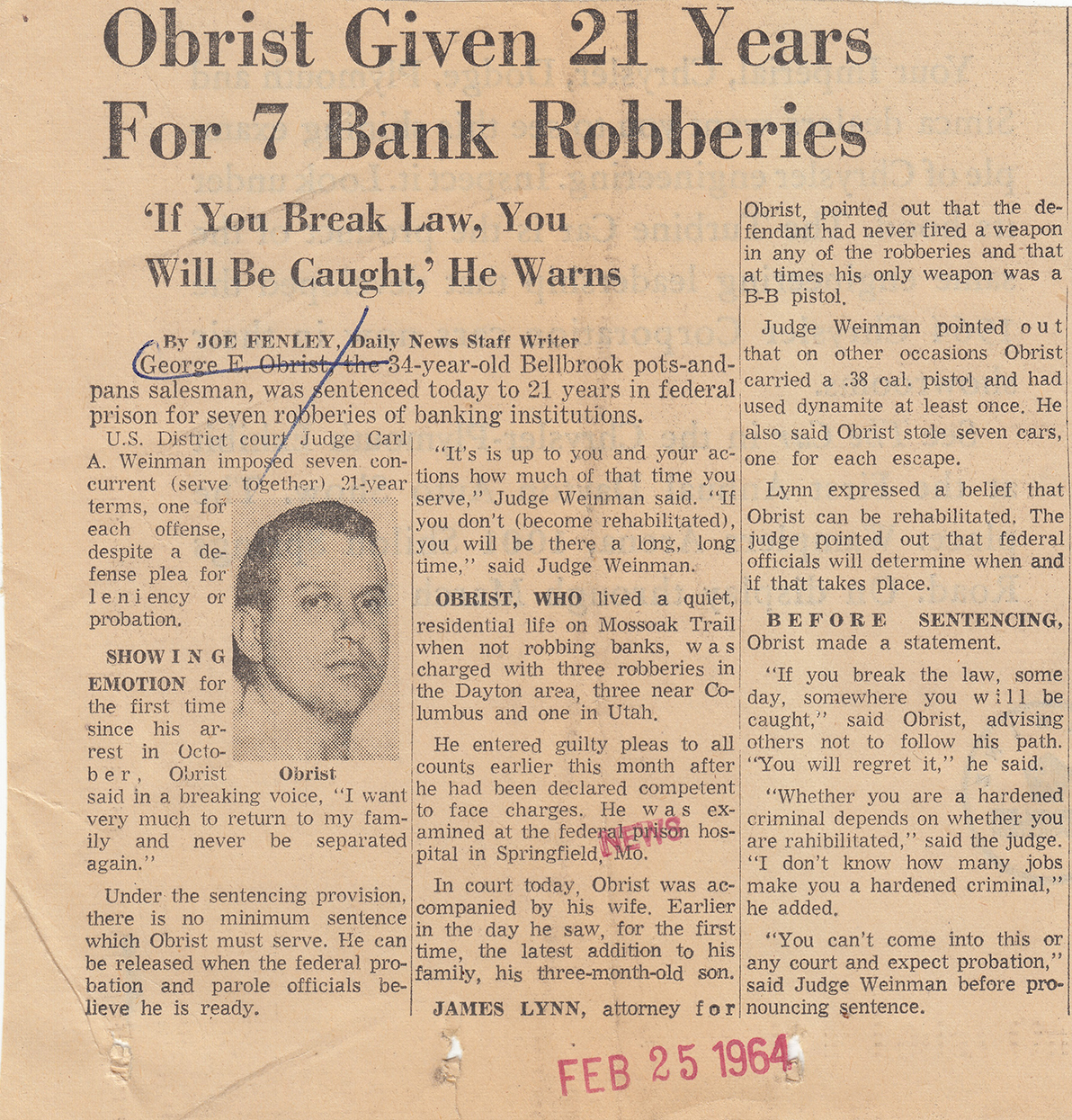 Obrist Given 21 Years for 7 Bank Robberies, Dayton Daily News, 25 Feb 1964
