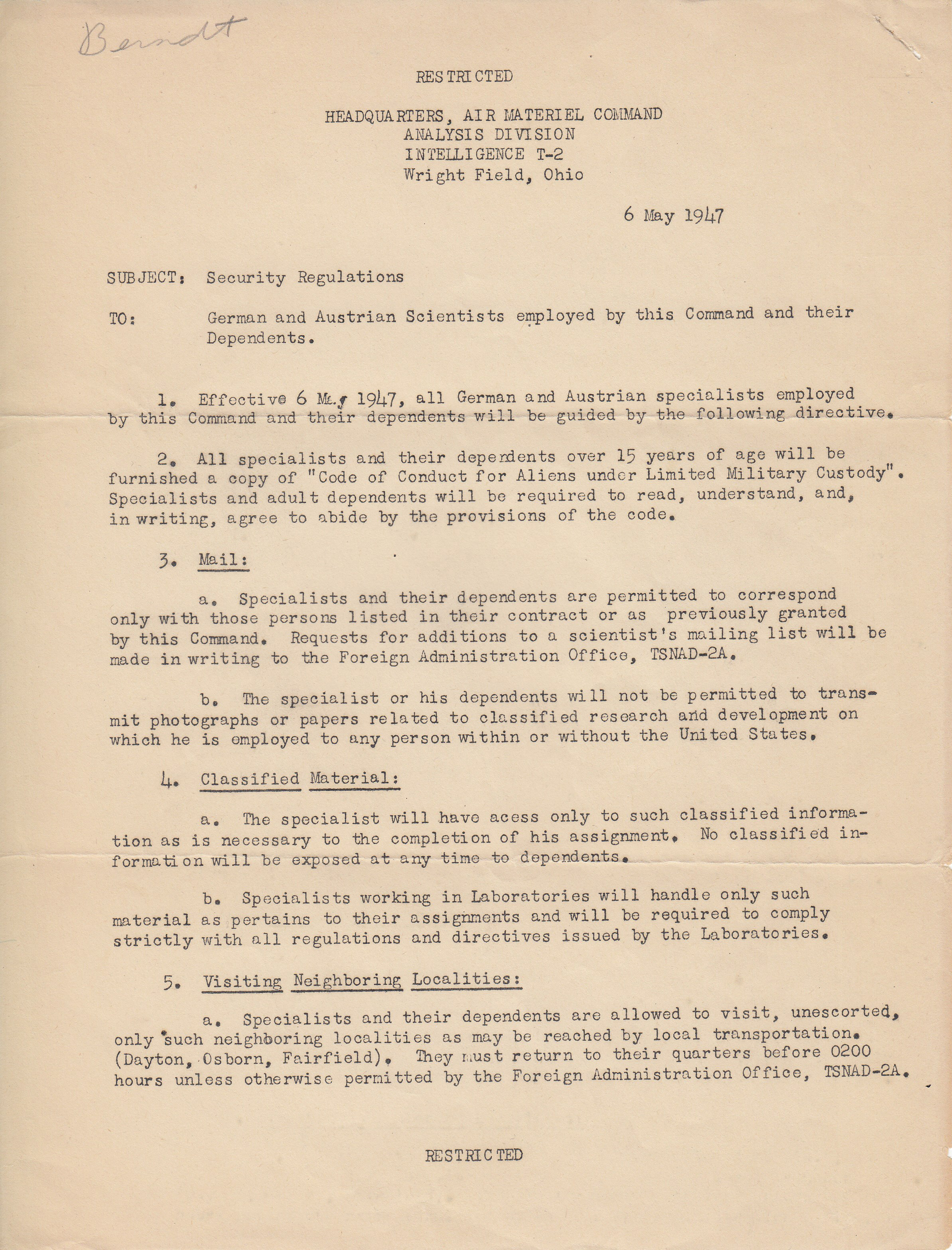 One of several memoranda to German and Austrian scientists at Wright Field, 1947 (Box 1, File 34)