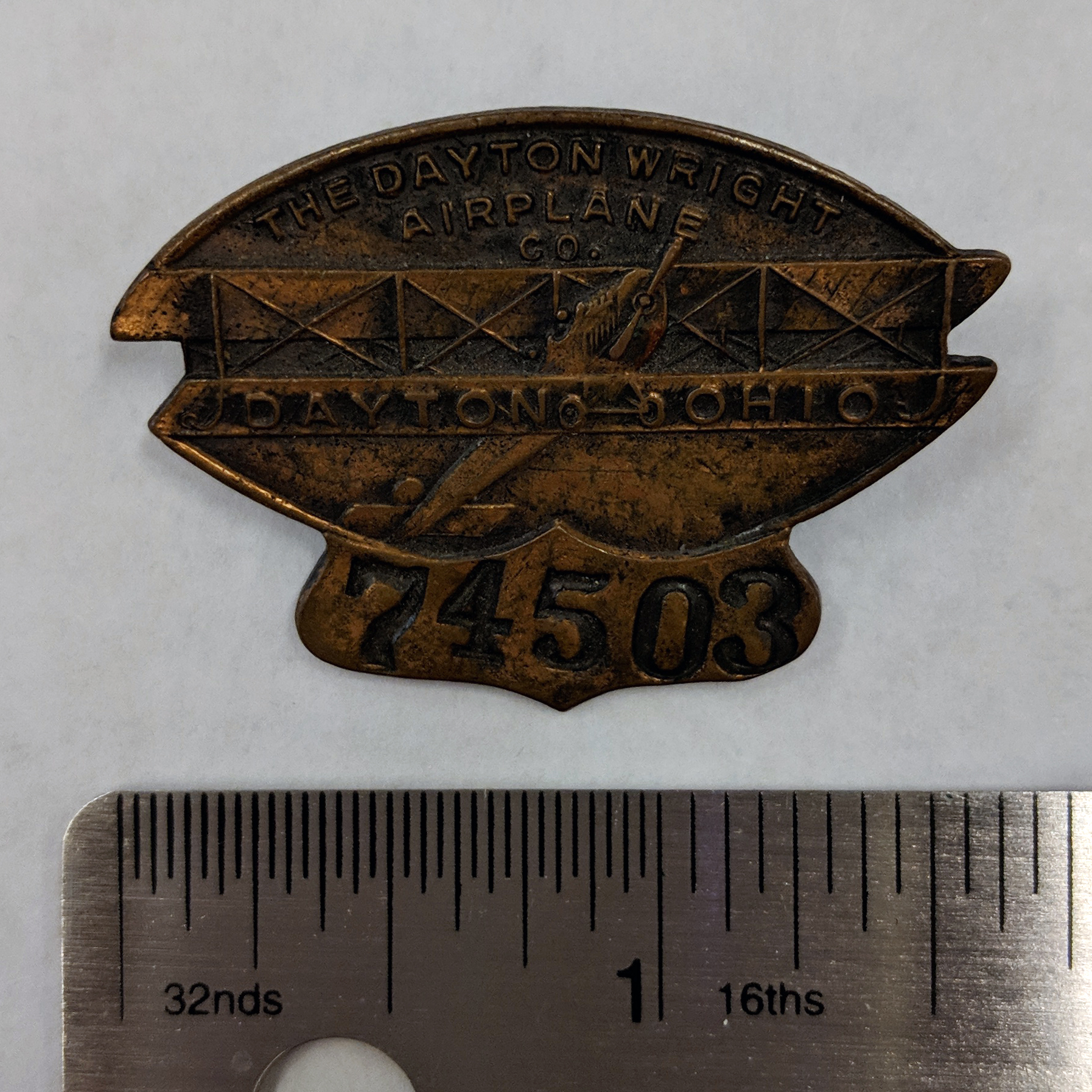 Dayton-Wright Airplane Company Employee Badge 74503 (from researcher's private collection)