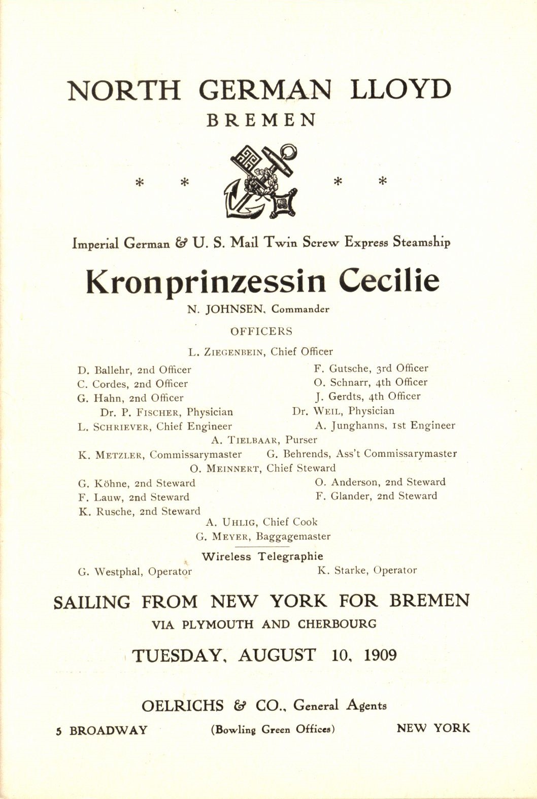 Kronprinzessin Cecilie Passenger List, August 10, 1909 (ms1_7_9_3)