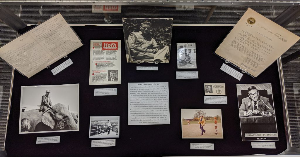 Exhibit of papers and documents from Charles F. Horn Papers, on display in Special Collections and Archives reading room.