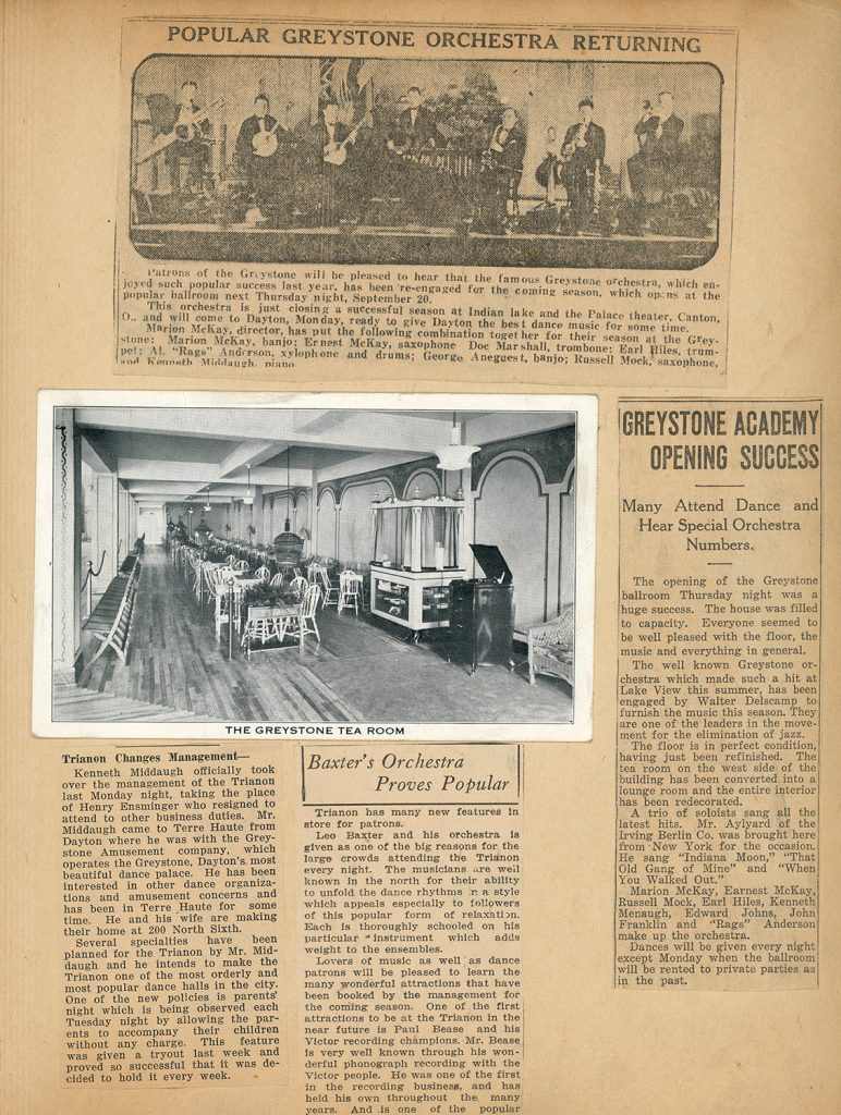 Several articles about the Greystone and the Trianon, as well as Kenneth Middaugh, Marion McKay, and Leo Baxter. Undated (From scrapbook page 3)