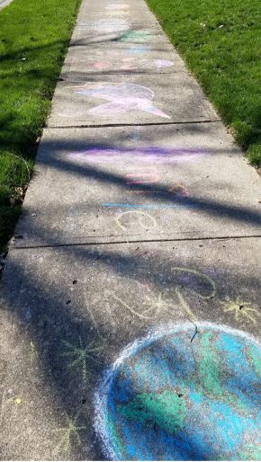 Chalk drawings on sidewalk, March 2020