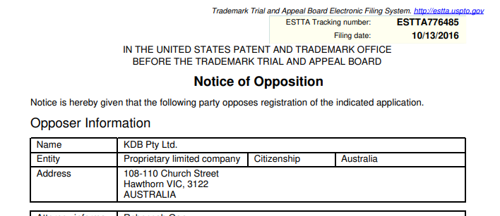 Screenshot of USPTO Notice of opposition for KDB Pty Ltd